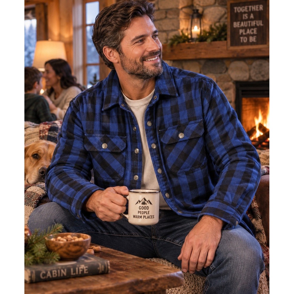 Brazos Work Force Mens Large Blue Black Buffalo Plaid Quilted Lined Shacket
